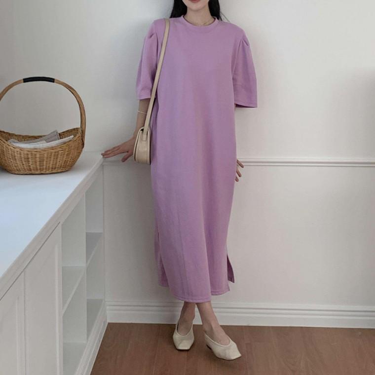 빅사이즈 퍼프소매 A라인 롱 반팔원피스