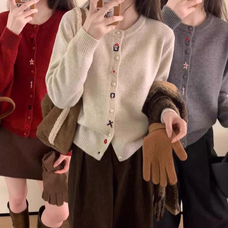 여성 라운드 넥 봄 가을 꽃 자수 니트 가디건