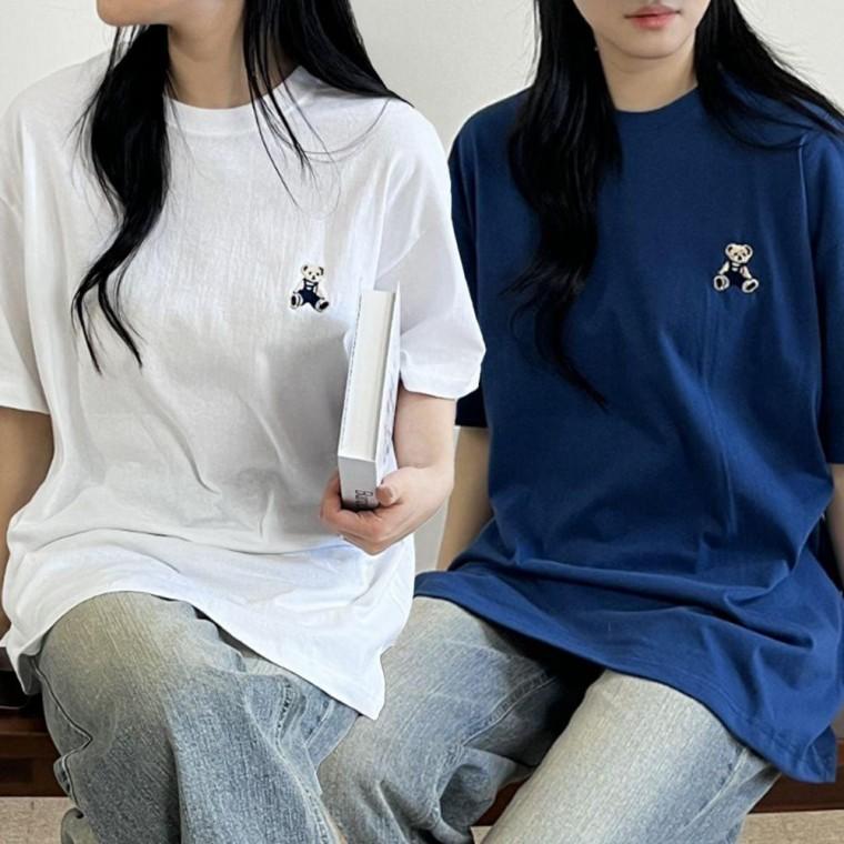여성 오버핏 순 면 여름 테디베어 반팔 티셔츠