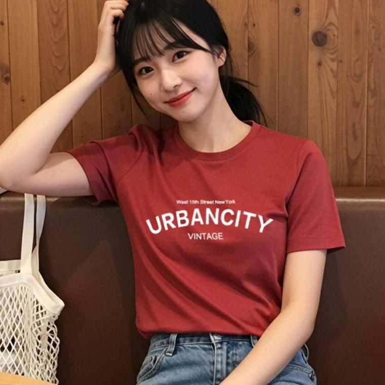 여자 여름 레터링 기본 반팔 라운드 티셔츠 레드