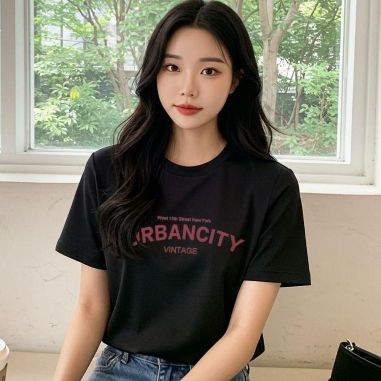 여자 여름 레터링 기본 반팔 라운드 티셔츠 블랙