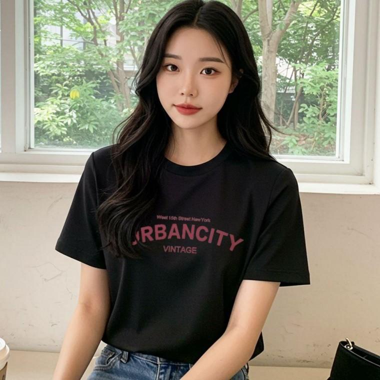 여자 여름 레터링 기본 반팔 라운드 티셔츠 블랙
