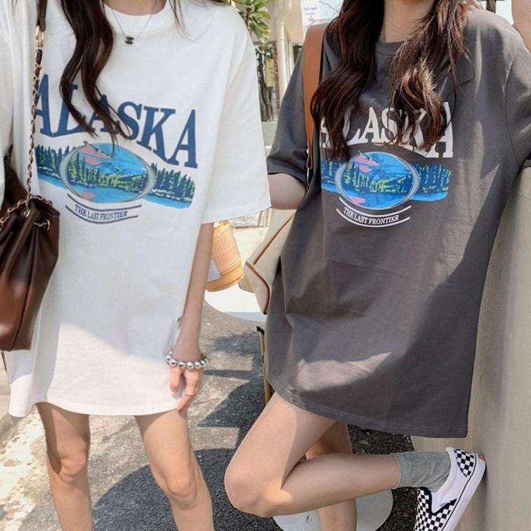 여성 프린트 프린팅 반팔 티 오버핏 박스 티셔츠