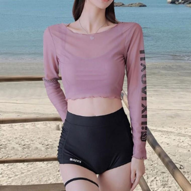 크롭 3피스 수영복 커버 프릴 비키니 스포티 여름 휴가 래쉬가드 모노키니