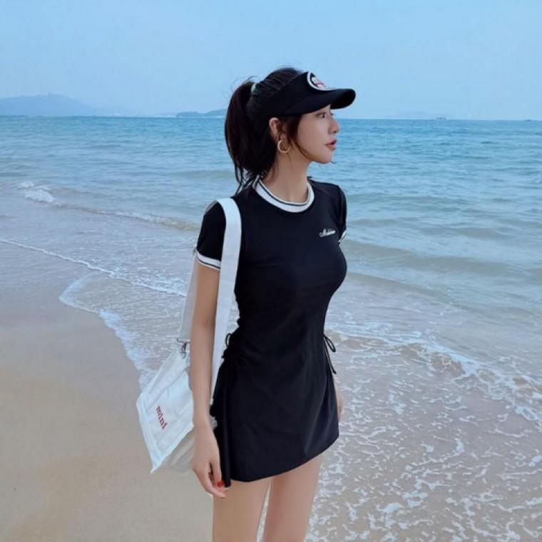 웨이스트 래쉬가드 배색 물놀이 비키니 엣지 수영복 세트 2컬러 원피스 치마 여름 셔링