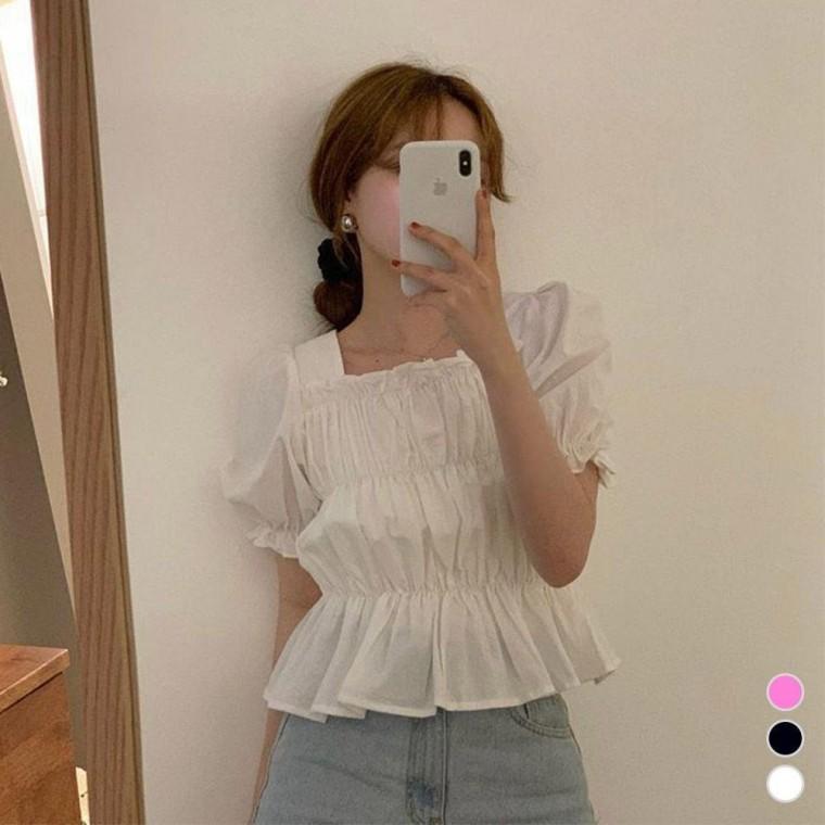 여름블라우스 스퀘어넥 셔링 크롭 퍼프블라우스 블라우스 모두팜