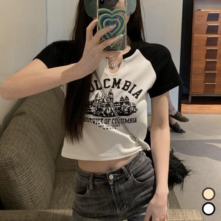 여자크롭티 콜롬비아 반팔크롭티 크롭티 배색 모두팜