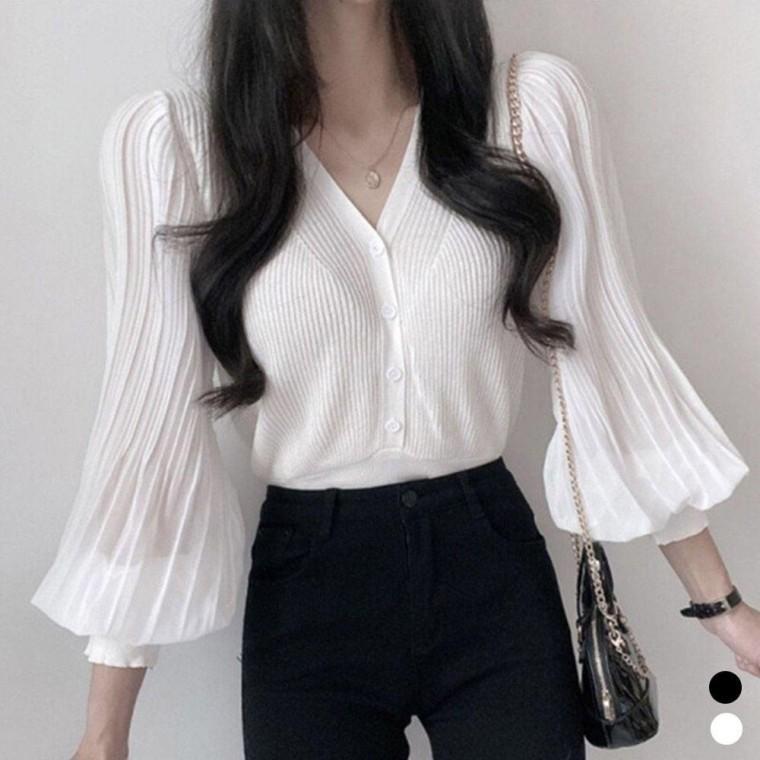 브이넥블라우스 퍼프블라우스 퍼프 블라우스 가디건 브이넥 모두팜