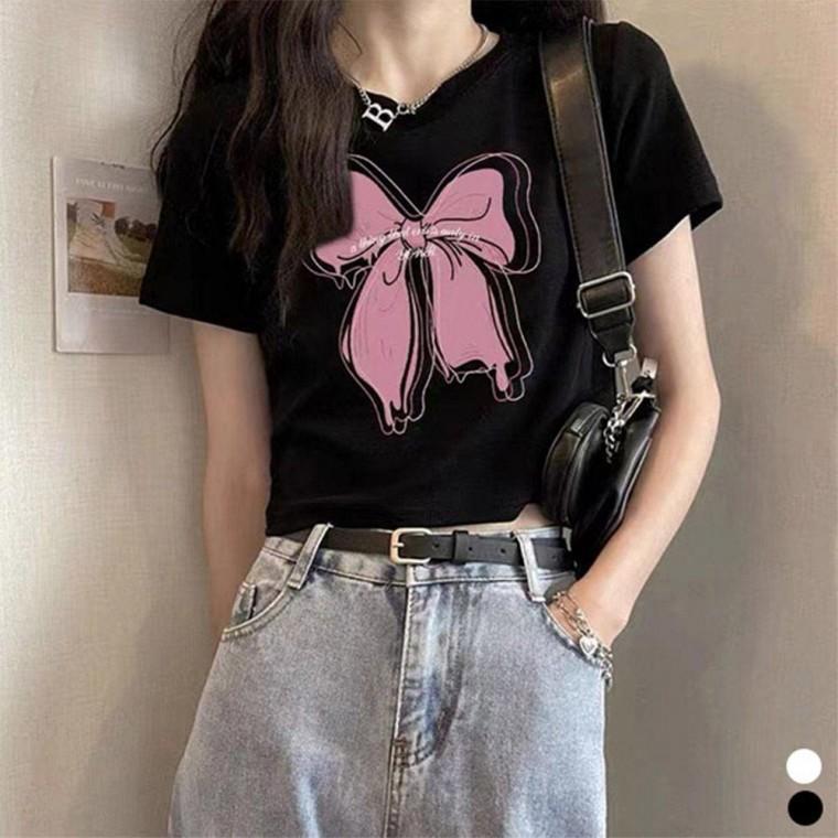 크롭티 리본 세미 프린팅 세미크롭티 모두팜