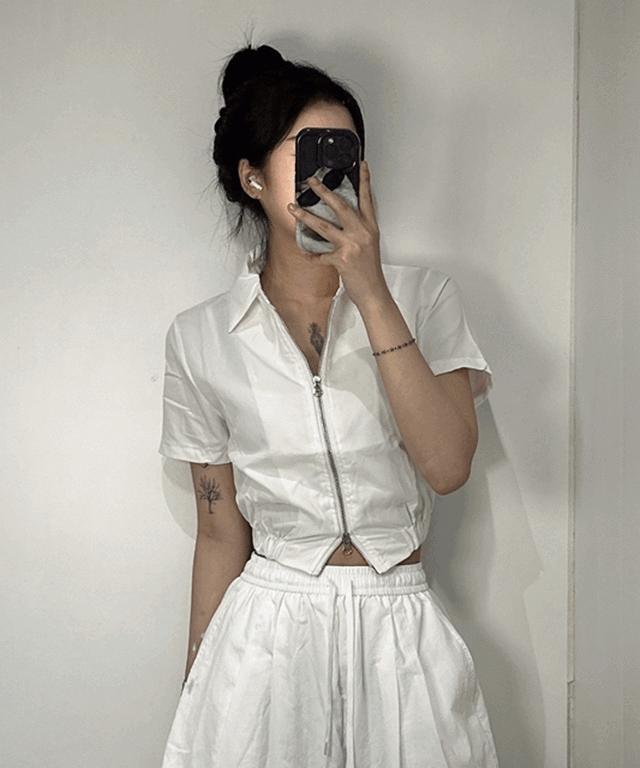 여성 투웨이 카라 반팔 집업 크롭 자켓 3color 카라넥 여름 바람막이 아우터 여자 슬림핏 밴딩 점퍼 데일리
