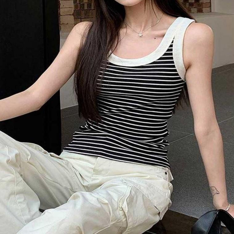 나시 민소매티셔츠 4컬러 배색 스트라이프 민소매 여성 모두팜