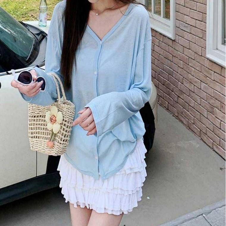 시스루 봄 가벼운 브이 은은 여성 루즈핏 여름 4컬러 모두팜
