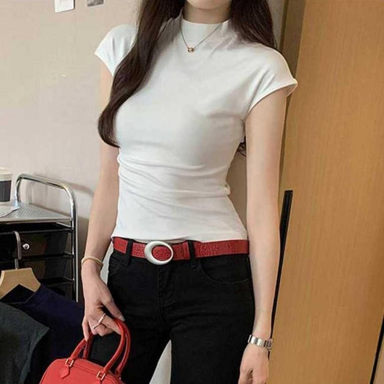 이쁜티셔츠여자탑 슬림 옷 여성 핏 하프넥 반팔티셔츠 상의 무지 여름