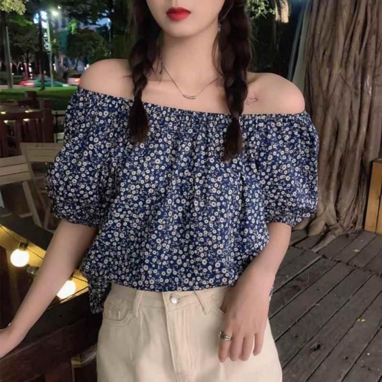 페미닌룩 밴딩 플라워 블라우스 프릴 데일리룩 오프숄더