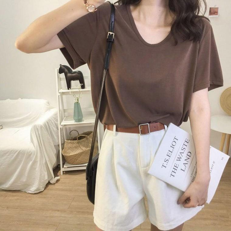 U넥티셔츠 U넥 여성반팔티셔츠 루즈핏 반팔티셔츠 4color