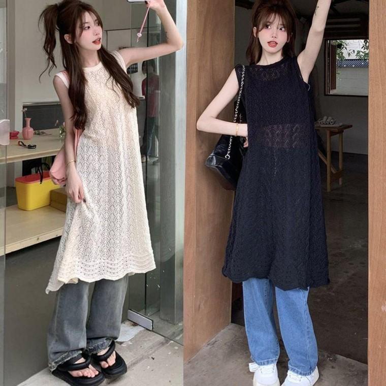 여성조끼 조끼 롱 시스루 짜임 뒷트임 레이어드 여자