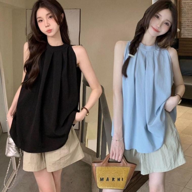 블라우스 홀터넥 민소매블라우스 여자 셔링 민소매