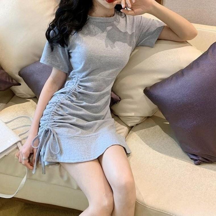 여성원피스 숏 반팔 원피스 셔링 미니 스커트 얇은 여자 여자원피스 라운드넥