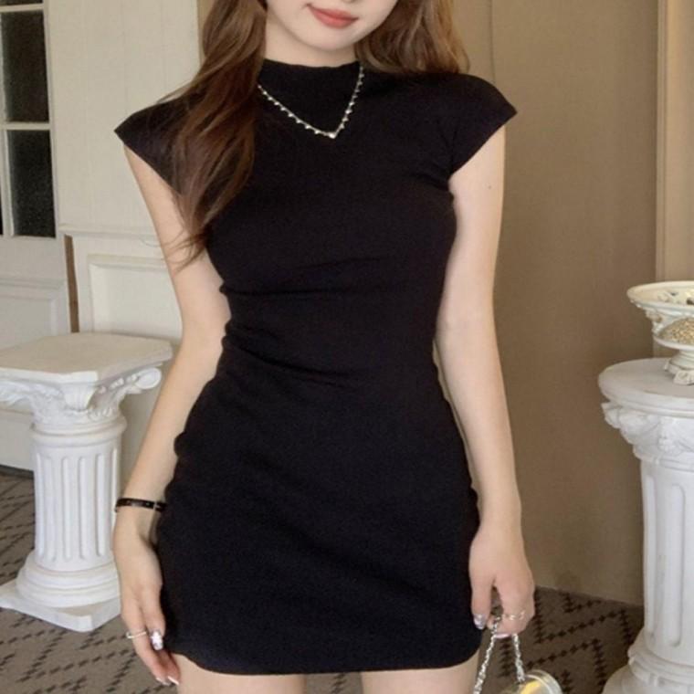여성미니원피스 미니 원피스 캡소매 슬림핏 하이넥
