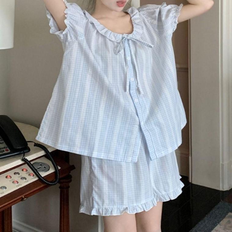 여성파자마세트 잠옷세트 러블리 체크 반팔 여자 파자마 프릴