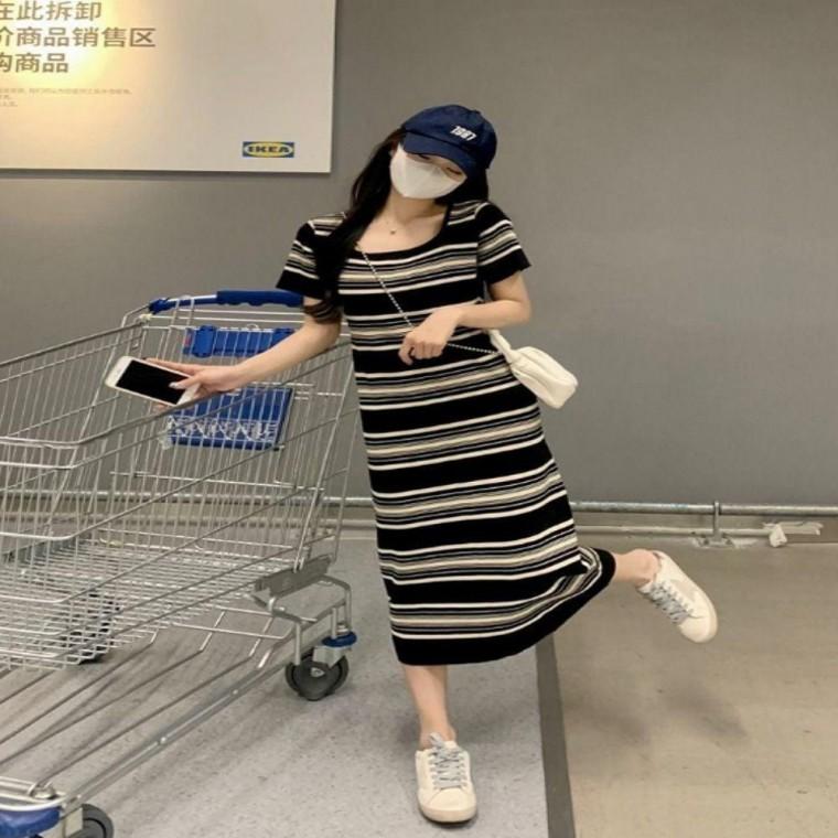 여성반팔원피스 반팔 스퀘어넥 스트라이프 니트롱원피스
