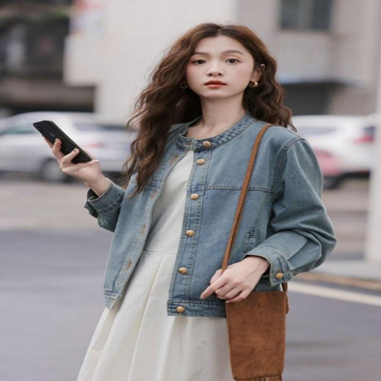 라운드넥데님자켓 자켓 데님 페미닌 청 라운드넥 여자 노카라