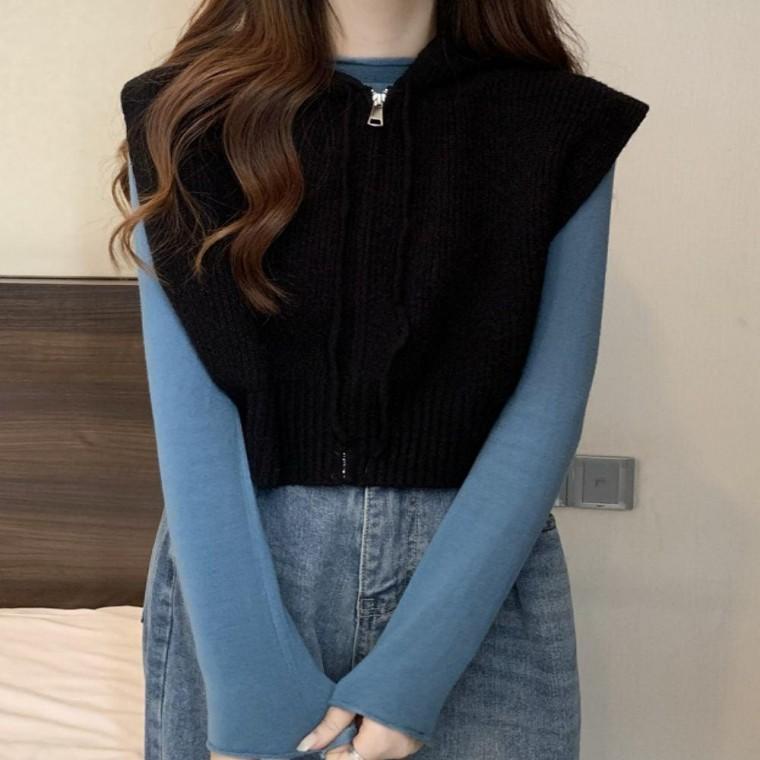 여자니트조끼 조끼 니트 여자 집업베스트 후드 베스트 집업