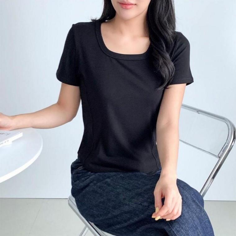 레이스티셔츠 여자 심플디자인 포인트 4컬러 여름 스퀘어넥 절개