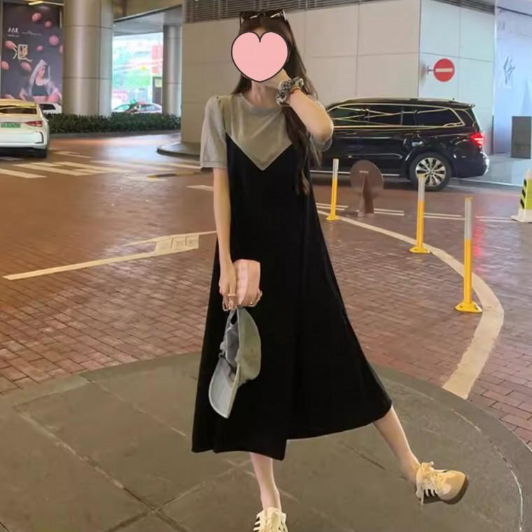 HL] 뷔스티에 원피스 롱 레이어드 스타일 반팔 케미숄