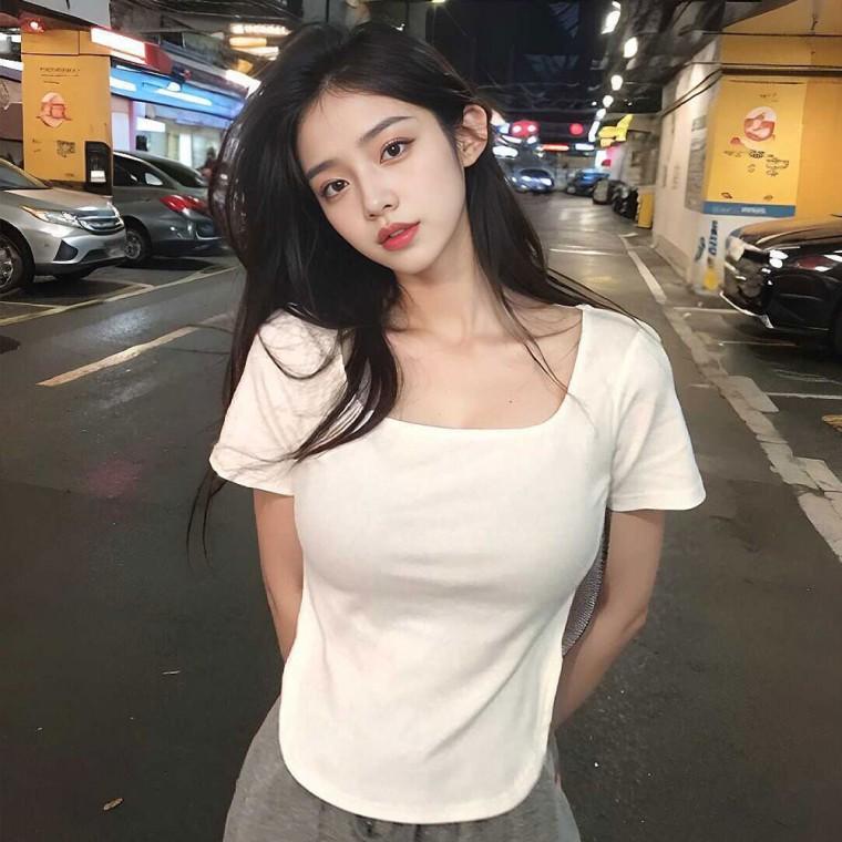 HL] 티셔츠 스퀘어넥 보들 밑단 트임 반팔 캐주얼