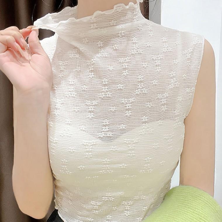 HL] 크롭티 플라워 반폴라 프릴넥 시스루 민소매 티