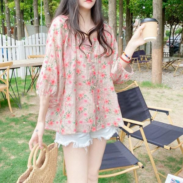 은창]핑크 플라워 넥 셔링 5부 블라우스 셔츠 여름 상의 여름 퍼프 반팔 상의 블라우스 티셔츠 셔츠