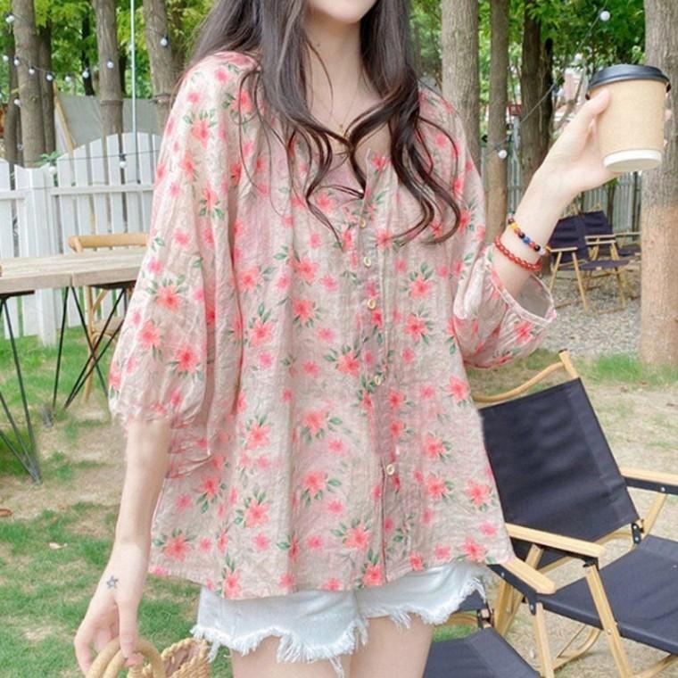 플라워 블라우스 여름 소매 꽃무늬 퍼프 여성