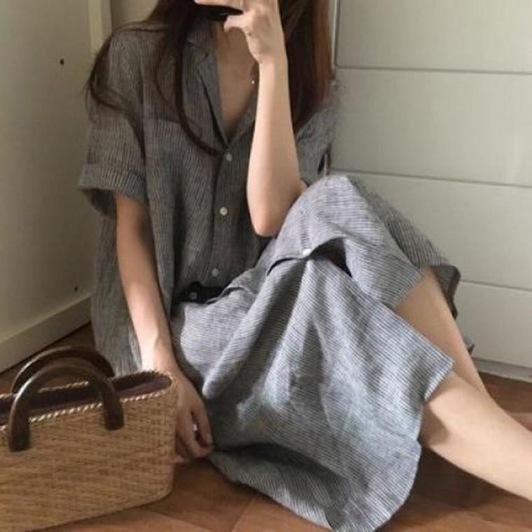 S11661 시원한 줄무늬 카라V넥 루즈핏 롱 반팔원피스