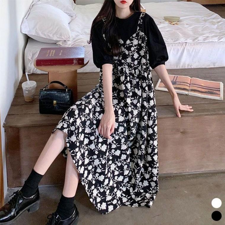 원피스 레이어드 플라워 뷔스티에 여름 롱원피스 시원한 세트 화사한 티셔츠 패턴 일체형 원픽 셀파