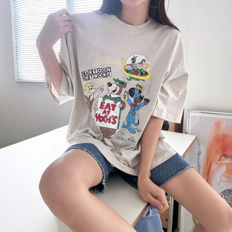 HL] 티셔츠 롱 반팔 카툰 빅사이즈 캐주얼 기본핏