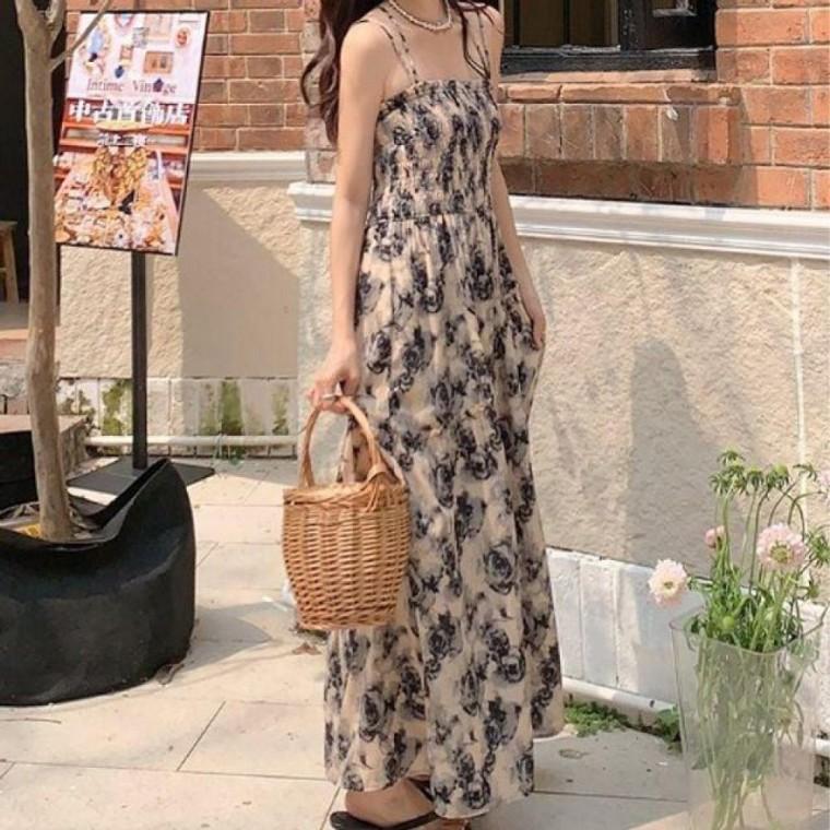 휴양지 시원한 비치 여름 끈나시 꽃나염 드레스 쉬폰 롱원피스 플라워 원피스 바캉스 밴딩 원픽 셀파