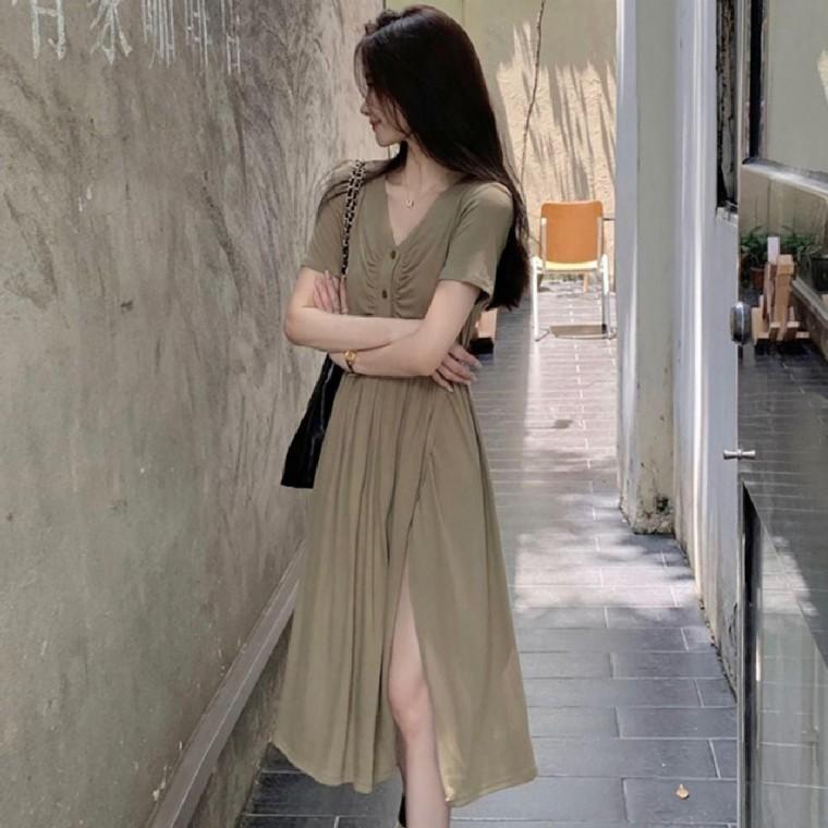 여름 강조 롱원피스 찰랑 소재 트임 드레스 캐주얼룩 섹시 브이넥 바디라인 시원한 랩스타일 원픽 셀파