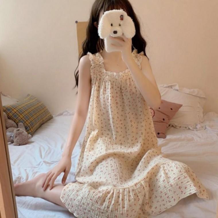 여성 잠옷 시원한 시어서커 체리 민소매 나시 원피스