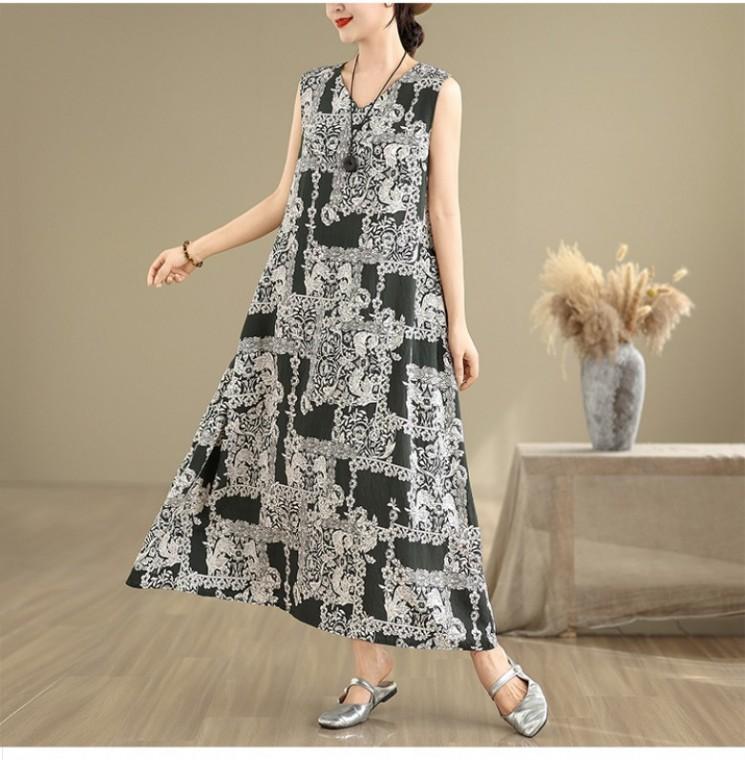 S228621 상큼 시원한 프린팅 휴가 비치 데일리 여름 썸머 V넥 민소매 나시 롱 원피스