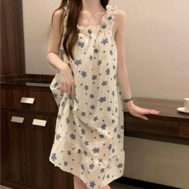 시원한 쿨링 여성 프릴 파자마 민소매 나시 원피스 잠옷