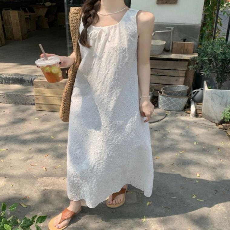 롱 여름 시원한 여자 원피스 민소매 펀칭 레이스 나시