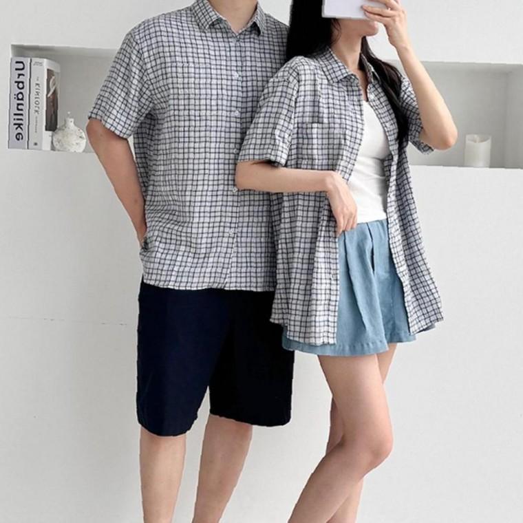 남녀 반팔 효율 체크 카라 셔츠 소라 1P 시원한 여름 남방