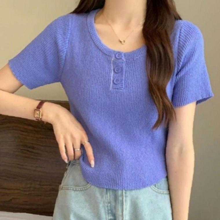 여성 시원한 포근 버튼 반팔티 1P 짜임 여름 티셔츠