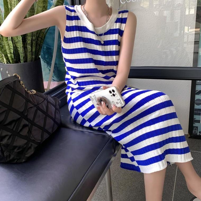 DC 블루 스트라이프 휴양지 시원한 롱 원피스