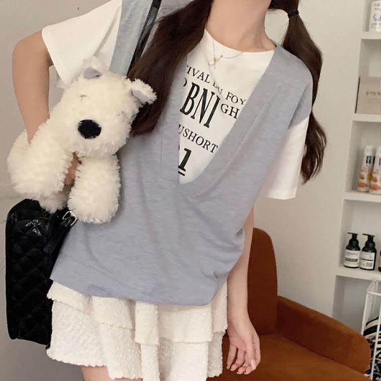 여성 레이어드 면티 조끼 1P 티셔츠 페이크 시원한 가을 데일리 여름 반팔 원픽 셀파