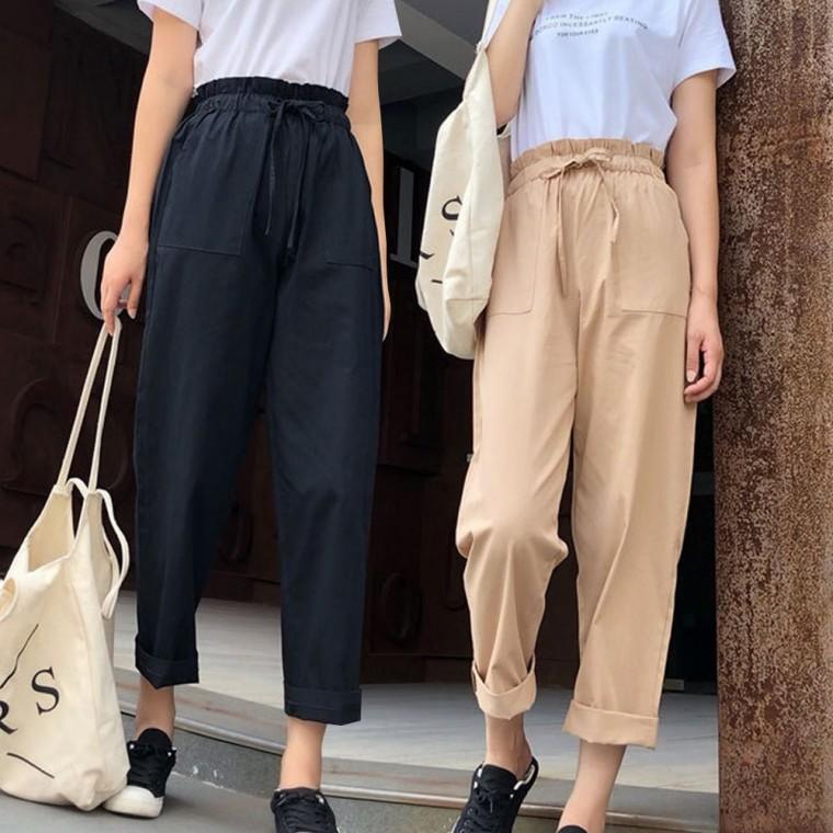 시원한바지 여성바지 겉주머니 여자 허리 하이웨스트 여성편한바지 고무줄바지