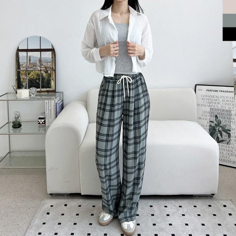 여름 와이드 체크 밴딩 쿨소재 벤딩 팬츠 바지 여자 여성 시원한 여자편한