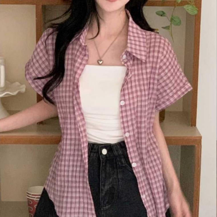 (동대문직영)여름 체크 반팔 셔츠 여성 루즈핏 데일리 남방 시원한 얇은 셔츠