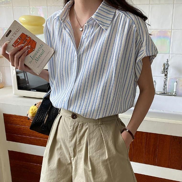 블라우스 편한 반팔 시원한소재 데일리룩 여성 스트라이프 여성블라우스 줄무늬 여름